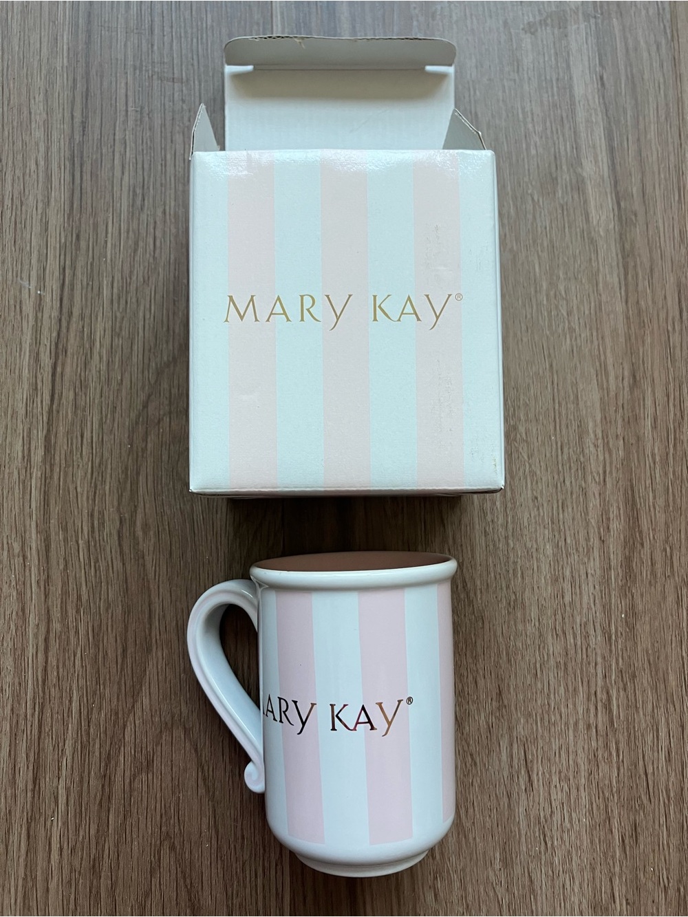 Mary Kay Pink & White Striped Logo Mug with Gold Accent